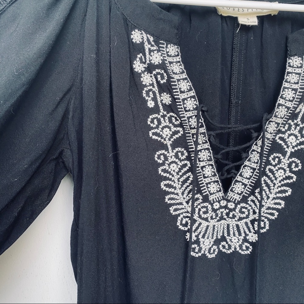 Lovestitch Black & White Embroidered Tunic with Tassels - Lace-Up V-Neck - Picture 3 of 8